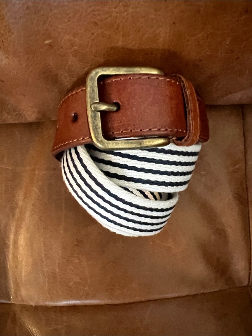 H&M Preppy Brown Navy Stripe Men’s Casual Belt with Brown Leather